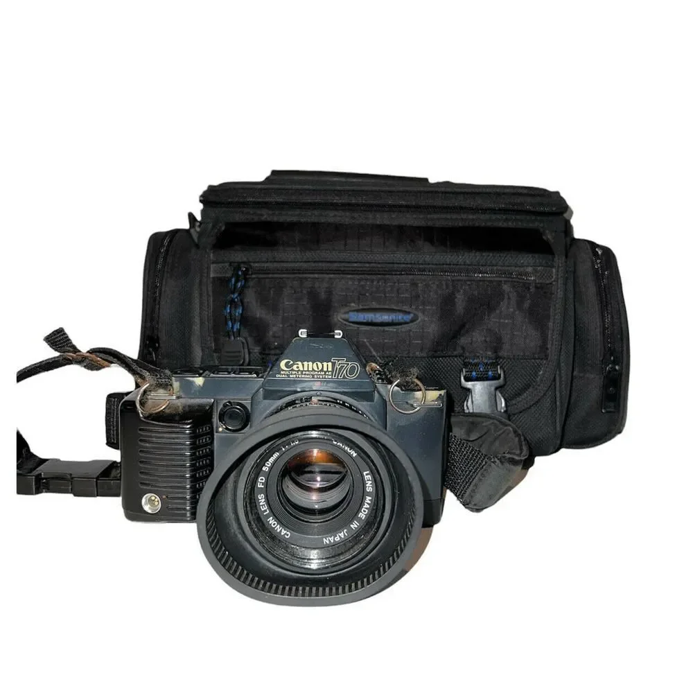 Canon T70 Multiple Program AE W/ 50mm Canon Lens / Untested With Bag & Strap